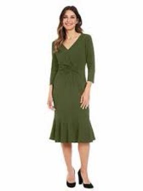 NWT London Times Olive Green Faux-Wrap Midi Dress with Ruffle Hem msrp$150